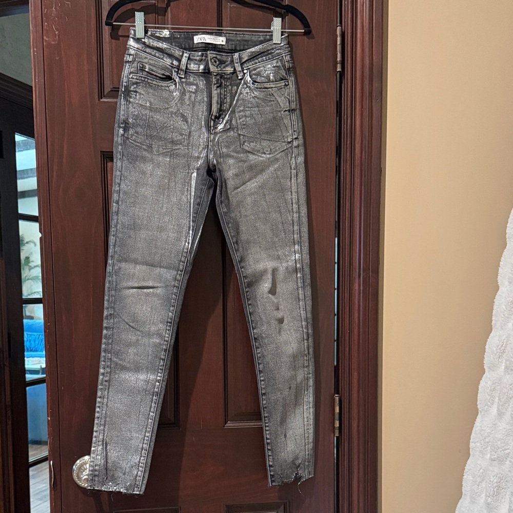 Zara Metallic Silver Ankle Jeans